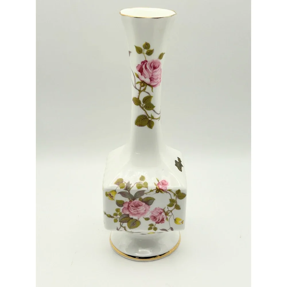 Royal Tara Ireland Fine Bone China Bud Vase Pink Rose Floral Gold Trim 7.5 Inch‎